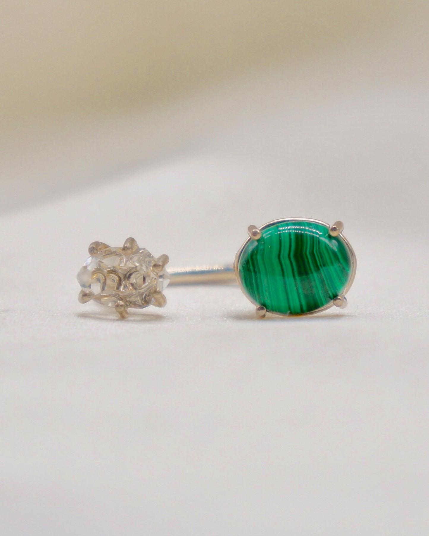 Herkimer diamond and malachite ring. smooth ring texture 92.5 sterling silver handmade in Los Angeles Please note: Available made to order, 2-3 weeks.