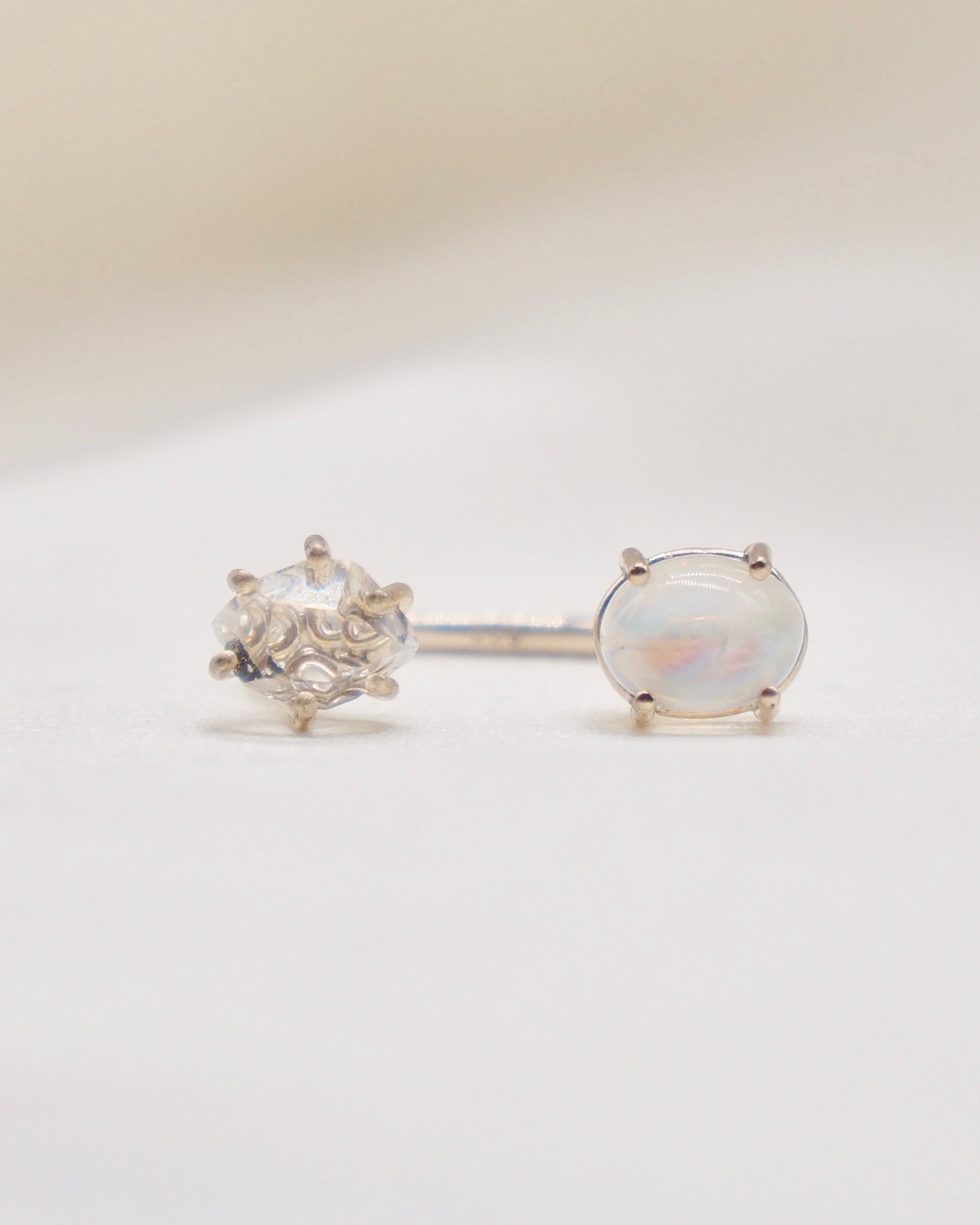 Herkimer diamond and moonstone ring.  smooth ring texture 92.5 sterling silver handmade in Los Angeles Please note: Available made to order, 2-3 weeks.