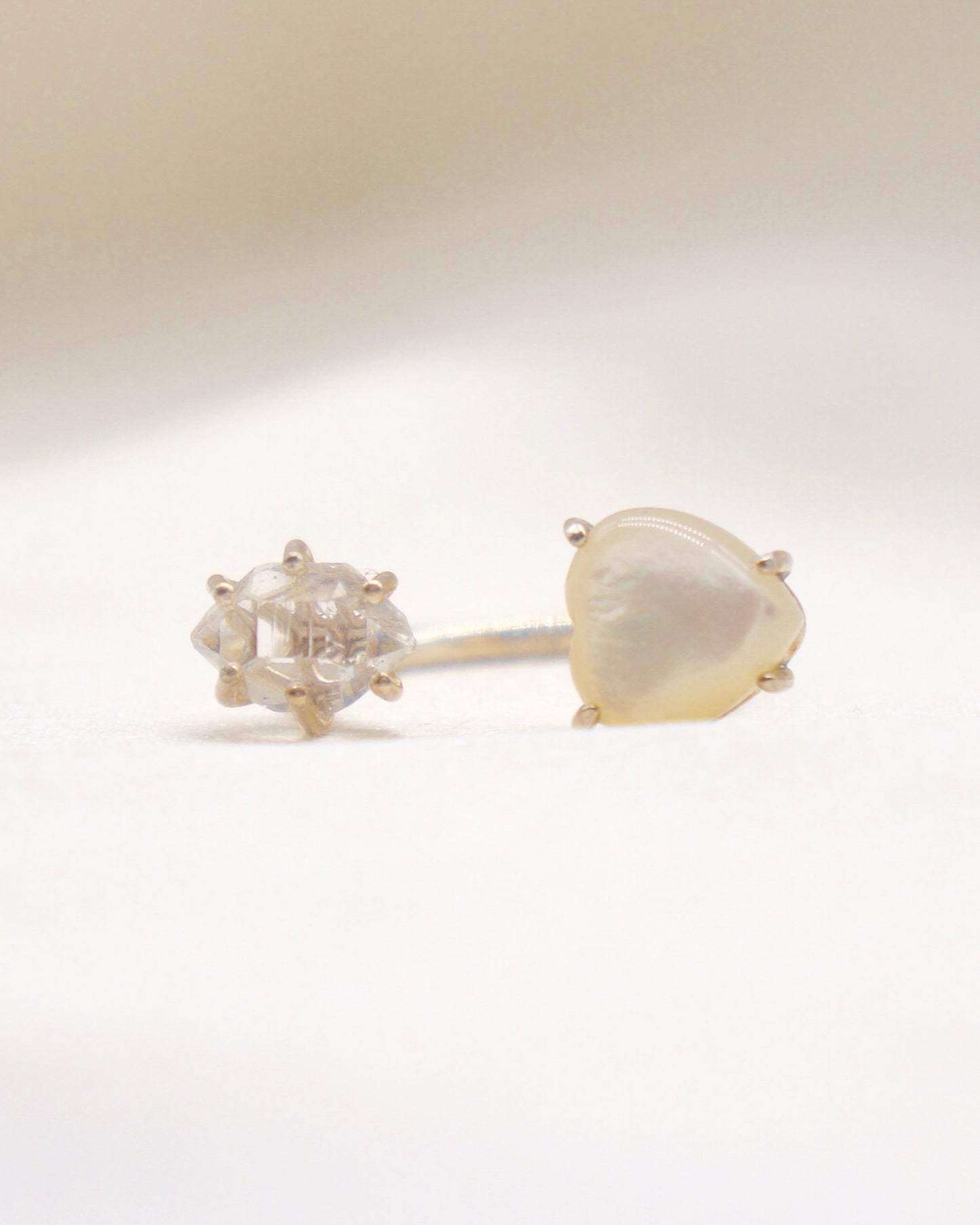 Herkimer diamond and mother of pearl heart ring. smooth ring texture 92.5 sterling silver handmade in Los Angeles Please note: Available made to order, 2-3 weeks.