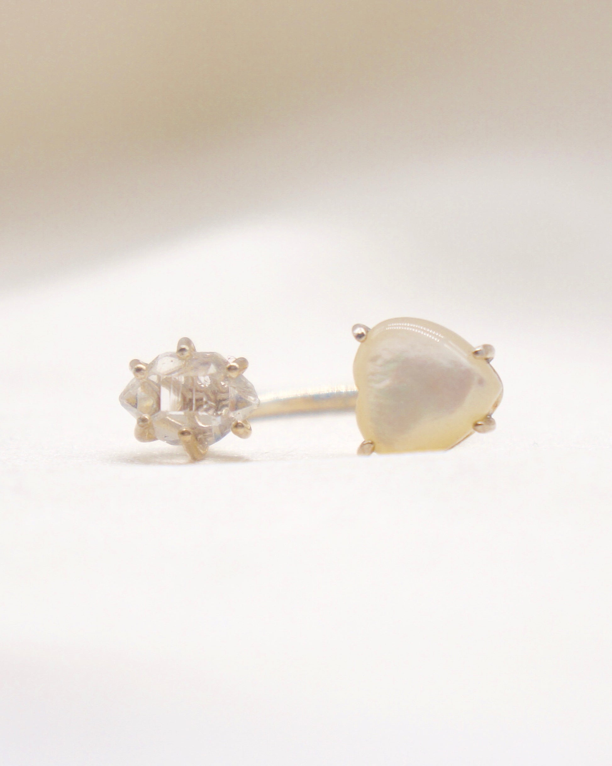 Herkimer diamond and mother of pearl heart ring.  smooth ring texture 92.5 sterling silver handmade in Los Angeles Please note: Available made to order, 2-3 weeks.