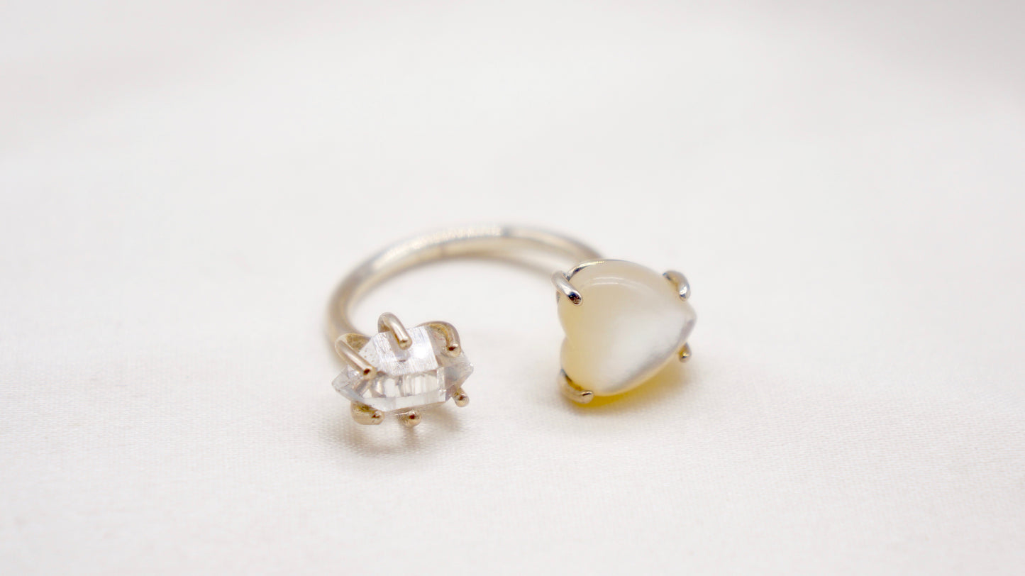 Herkimer diamond and mother of pearl heart ring. smooth ring texture 92.5 sterling silver handmade in Los Angeles Please note: Available made to order, 2-3 weeks.