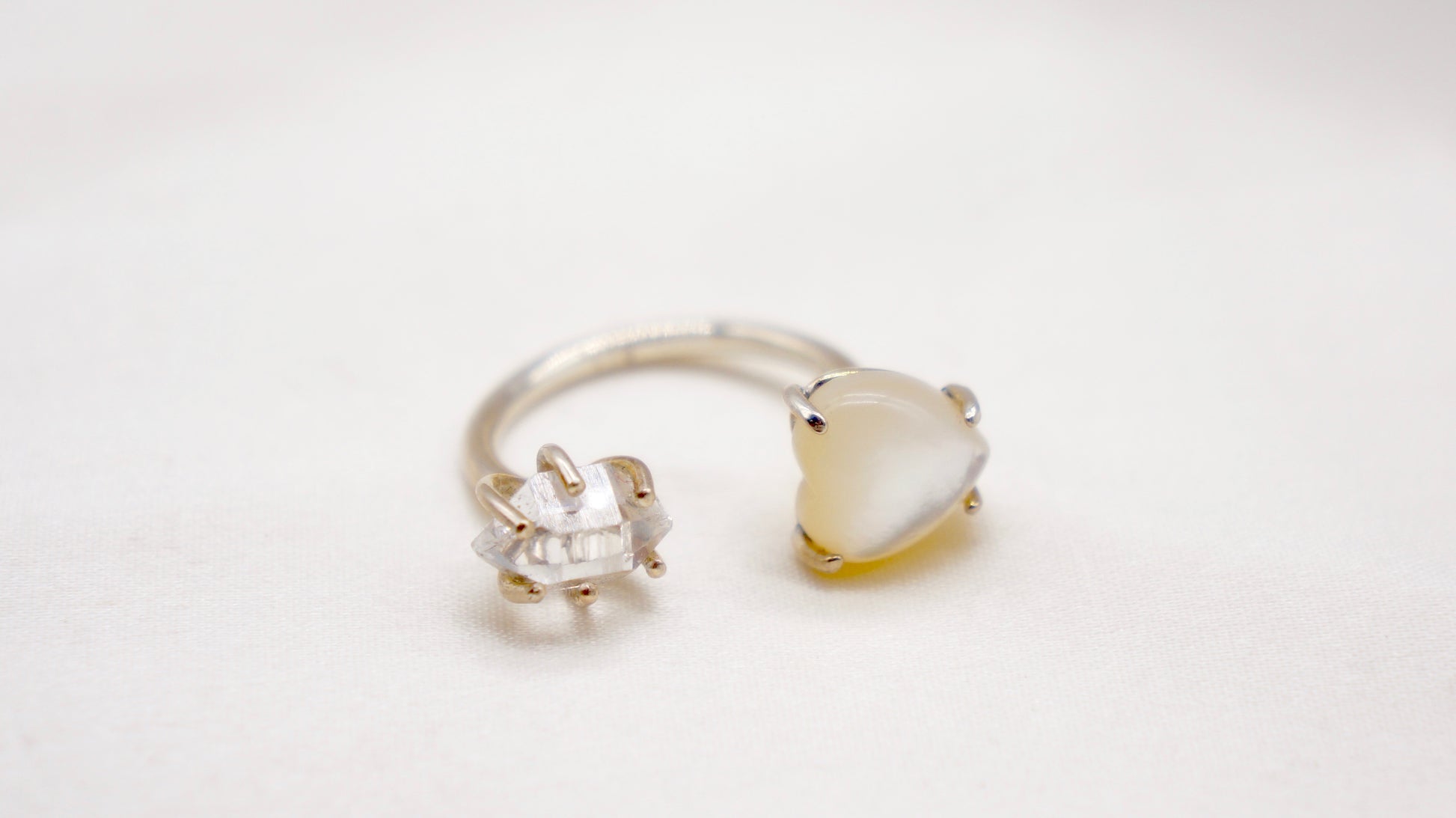 Herkimer diamond and mother of pearl heart ring.  smooth ring texture 92.5 sterling silver handmade in Los Angeles Please note: Available made to order, 2-3 weeks.