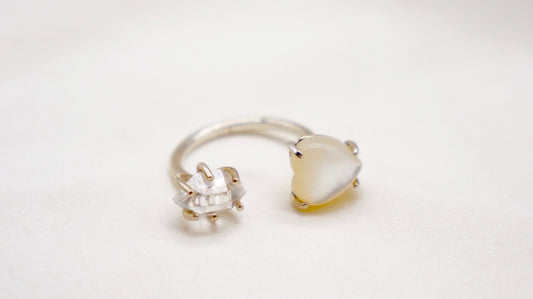 Herkimer diamond and mother of pearl heart ring.  smooth ring texture 92.5 sterling silver handmade in Los Angeles Please note: Available made to order, 2-3 weeks.