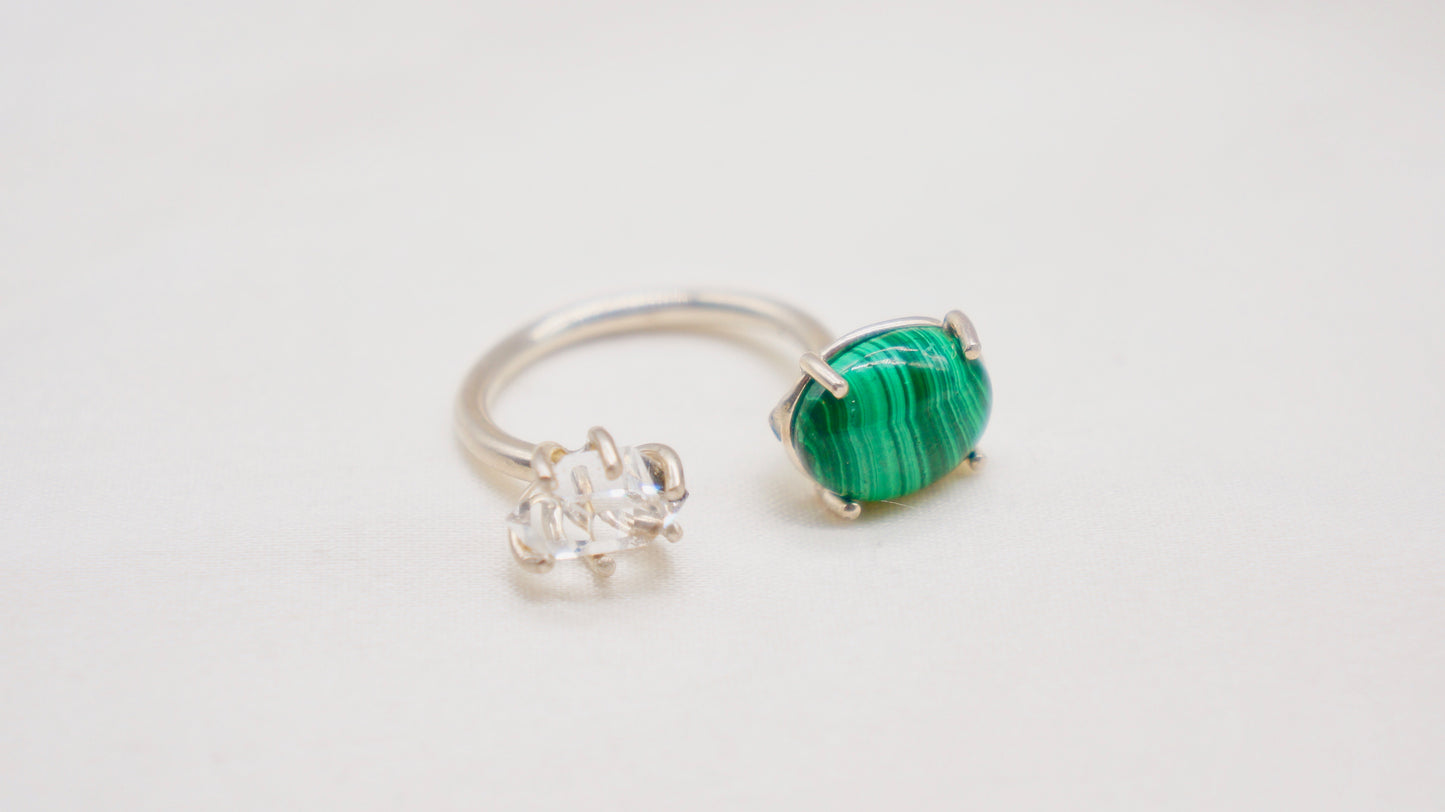 Herkimer diamond and malachite ring. smooth ring texture 92.5 sterling silver handmade in Los Angeles Please note: Available made to order, 2-3 weeks.