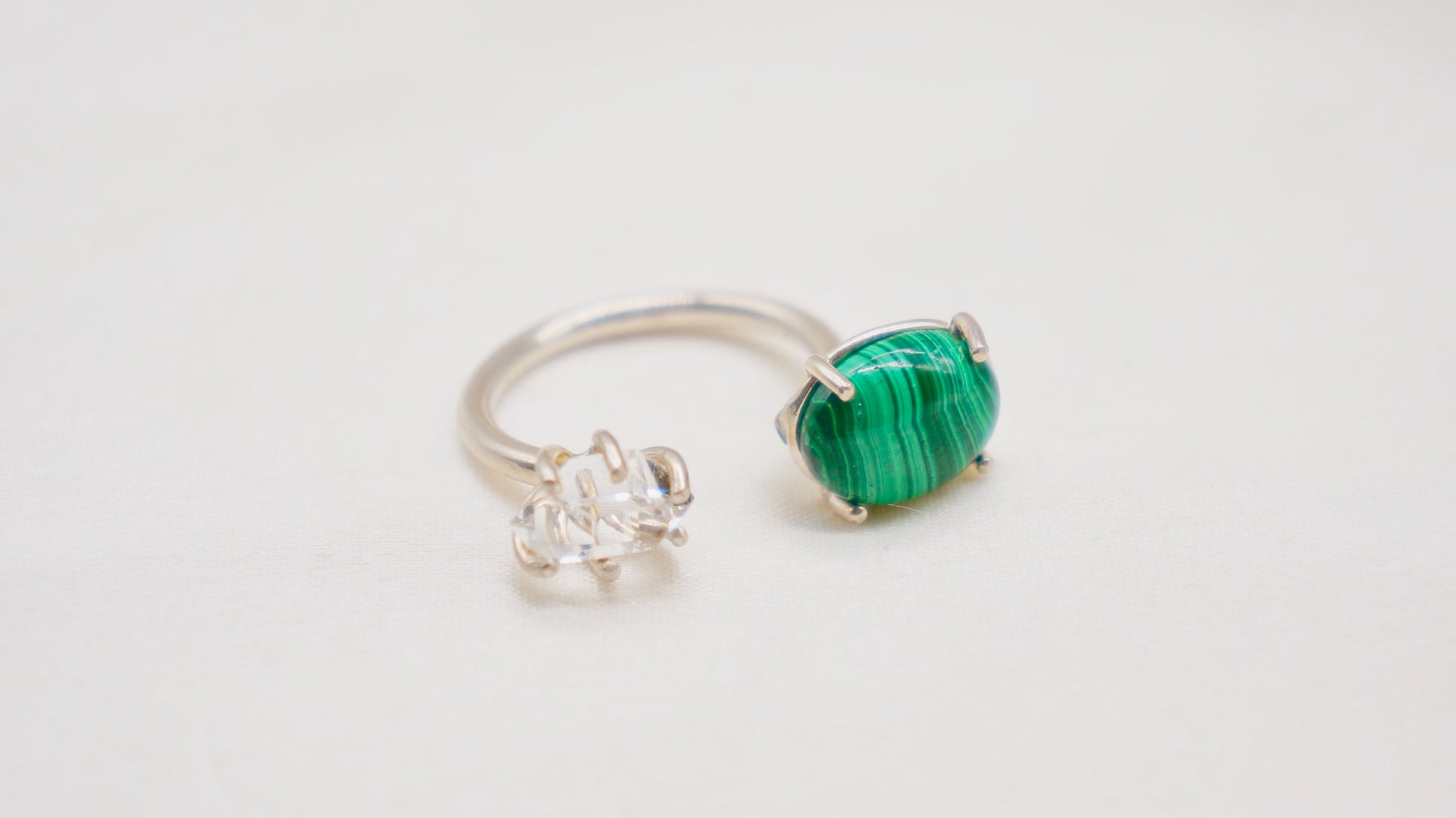 Herkimer diamond and malachite ring.  smooth ring texture 92.5 sterling silver handmade in Los Angeles Please note: Available made to order, 2-3 weeks.