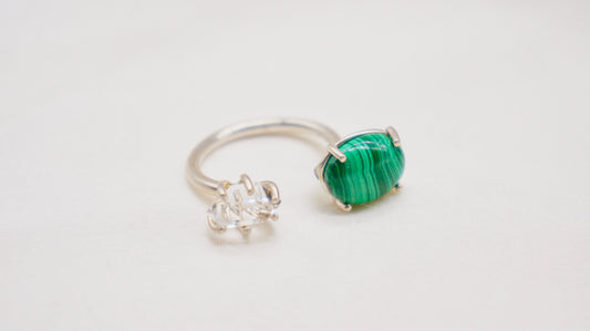 Herkimer diamond and malachite ring.  smooth ring texture 92.5 sterling silver handmade in Los Angeles Please note: Available made to order, 2-3 weeks.