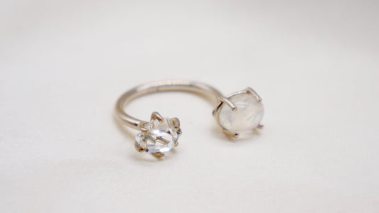 Herkimer diamond and moonstone ring.  smooth ring texture 92.5 sterling silver handmade in Los Angeles Please note: Available made to order, 2-3 weeks.