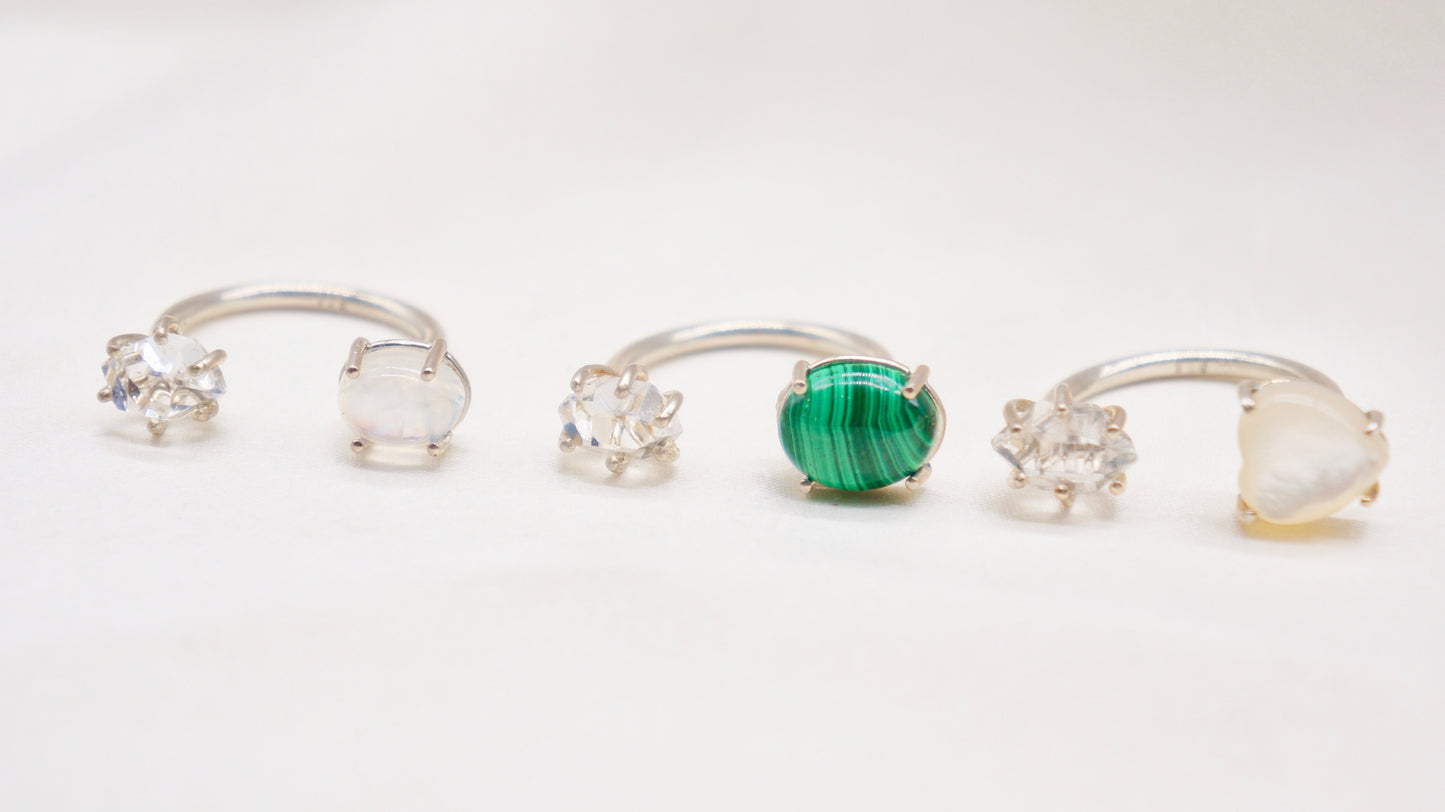 Herkimer diamond and malachite ring. smooth ring texture 92.5 sterling silver handmade in Los Angeles Please note: Available made to order, 2-3 weeks.