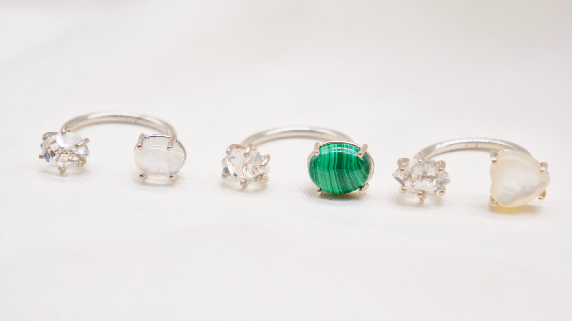 Herkimer diamond and malachite ring.  smooth ring texture 92.5 sterling silver handmade in Los Angeles Please note: Available made to order, 2-3 weeks.