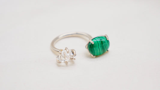 Herkimer diamond and malachite ring.  smooth ring texture 92.5 sterling silver handmade in Los Angeles Please note: Available made to order, 2-3 weeks. 