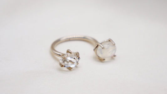 Herkimer diamond and moonstone ring.  smooth ring texture 92.5 sterling silver handmade in Los Angeles Please note: Available made to order, 2-3 weeks. 